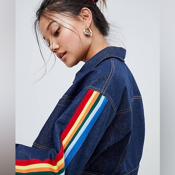 Honey Punch Cropped Denim Jacket with Rainbow Stripe Pride Detail Size S - Picture 3 of 12